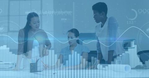 Business team collaborating on project with data insights