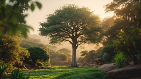 Lone Tree in Sunlit Forest Glade with Rocks and Greenery - Download Free Stock Images Pikwizard.com