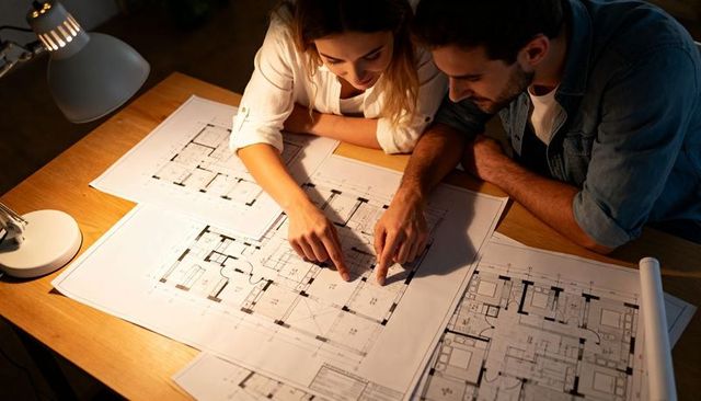 Couple reviewing home floor plans under desk lamp, planning renovation late-night collaboration