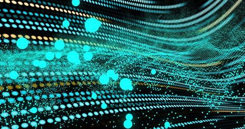 Turquoise Particle Wave Flowing Over Dotted Mesh with Gold Accents and Neon Depth