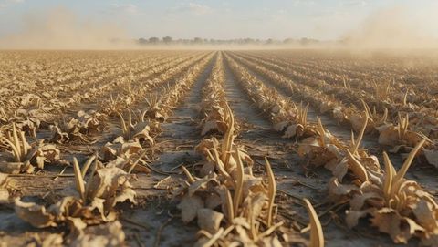 Drought-affected farmland with emerging crop rows