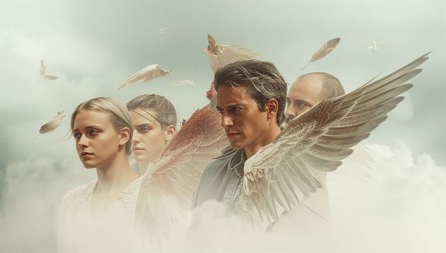 Ethereal Angelic Figures with Wings in Cloudy Atmosphere