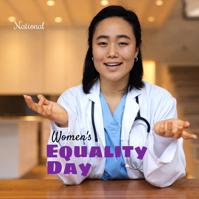 Composite of portrait of happy asian mid adult female doctor and national women's equality day text. Gesturing, hospital, healthcare, equality, freedom, vote, human rights and celebration concept.