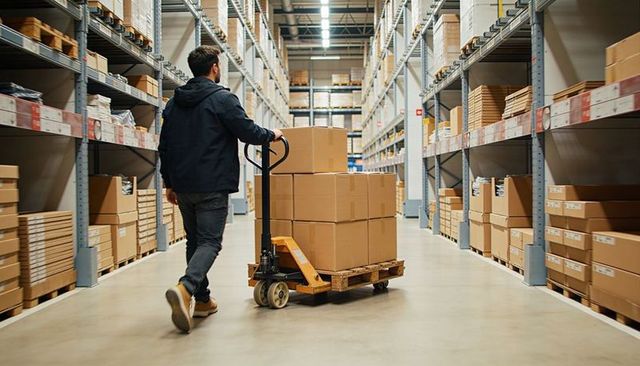 Warehouse worker moving pallet jack loaded with cardboard boxes in distribution aisle