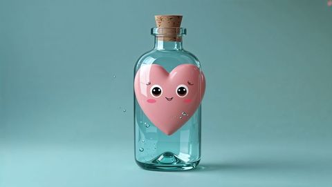 Cute pink heart in glass bottle with cork and air bubbles