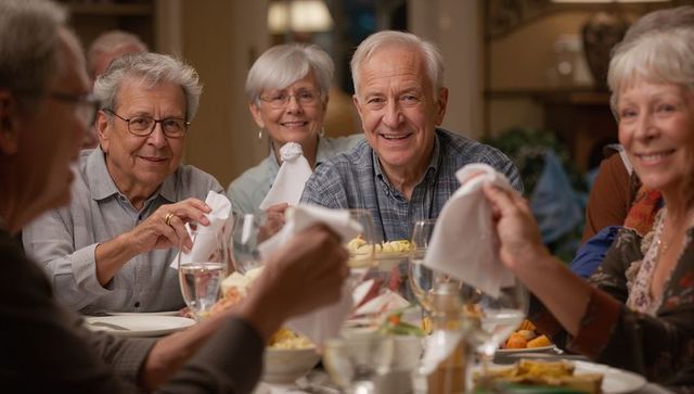 Senior friends sharing warm laughter around dinner table with wine glasses and lamplight