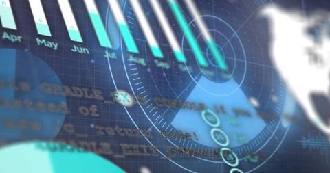 Interactive HUD with vertical bar chart, radar rings and globe on data dashboard