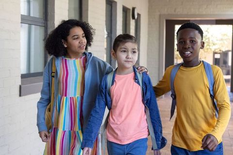Children walking to class in school corridor carrying backpacks and smiling