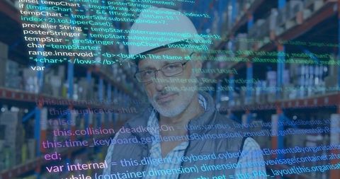 Warehouse manager analyzing inventory data with digital code overlay for smart logistics