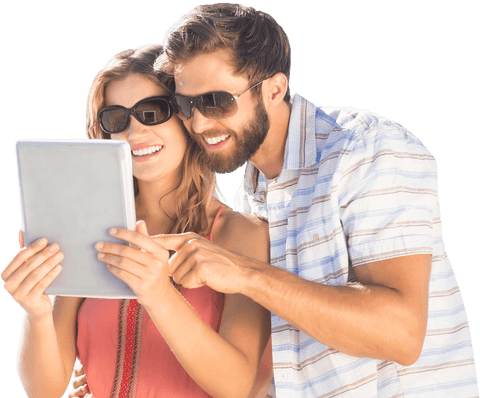 Caucasian couple using tablet transparent design