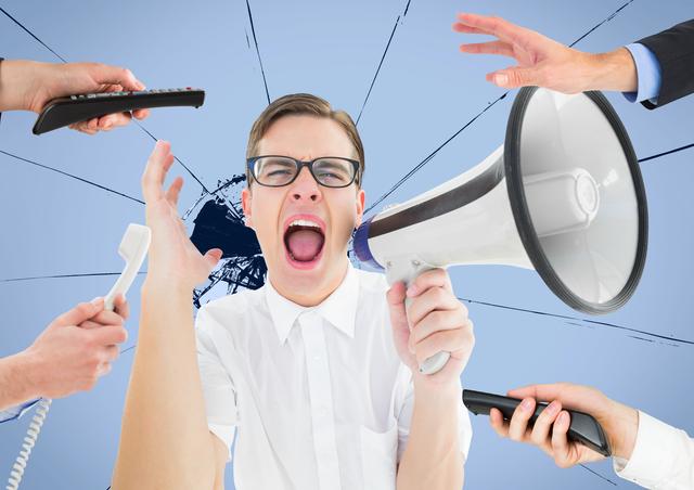 Businessman shouting through megaphone while surrounded by multiple hands holding phones and remote controls. Ideal for illustrating concepts of workplace stress, communication overload, and multitasking challenges. Suitable for use in articles, blogs, and presentations about business stress, office life, and effective communication strategies.