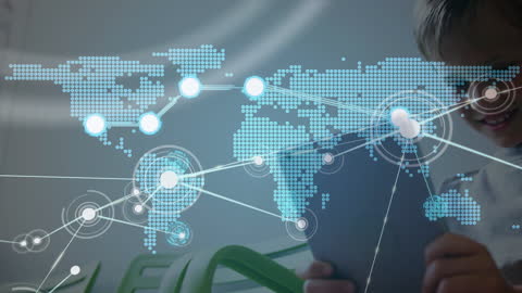 Boy Using Tablet with Global Connections Overlay Concept