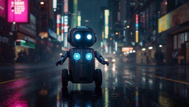 Rolling neon robot emitting glowing eyes and chest lights on rain-slick city street