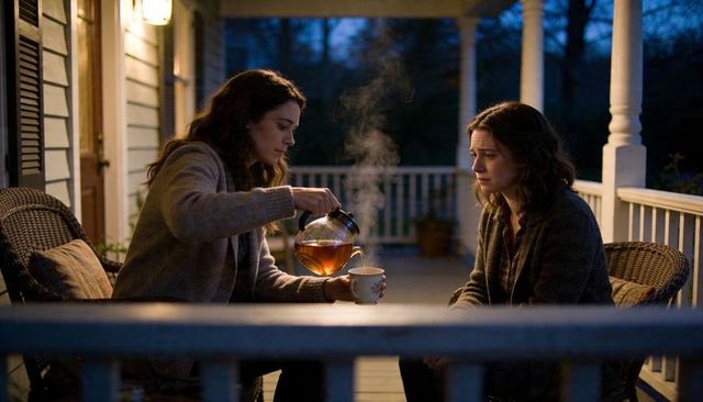 Pouring tea on front porch at dusk two women sharing quiet evening conversation