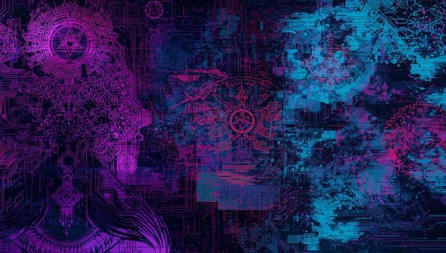 Cybernetic silhouette with mandalas and circuitry in purple and blue