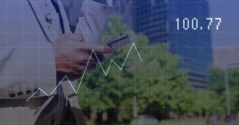 Business Professional Analyzing Line Graph on Smartphone Outdoors