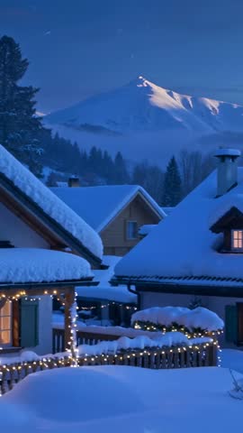 Vertical video panning snowy alpine chalet porch with string lights, lit window and mountain peak