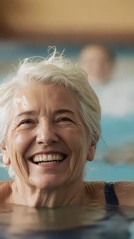 Senior woman smiling while doing aquatic aerobics in pool vertical wellness video