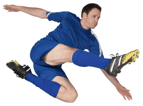 Soccer player in dynamic blue kit kicking with transparent background