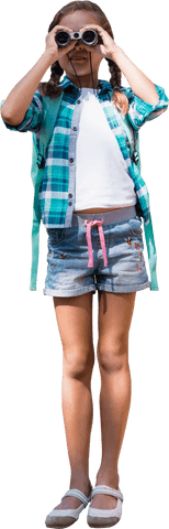 Focused girl using binoculars with backpack on transparent background