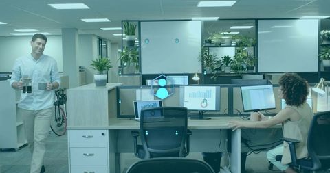 Professional Worker Bringing Coffee in Modern Green Workspace
