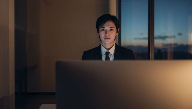 Businessman working late at desk with large monitor and twilight city view