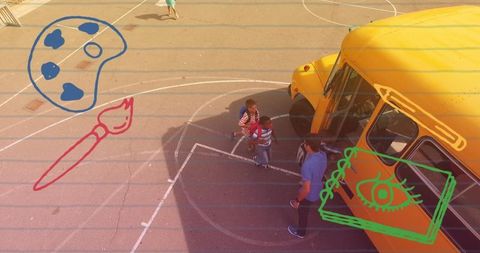 Children boarding school bus with creative illustrations