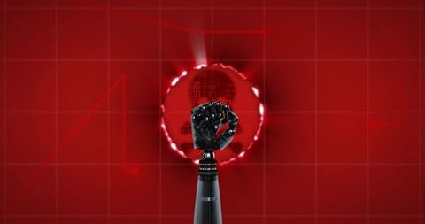 Futuristic robotic prosthetic hand emerging through glowing red cyber portal, technology interface