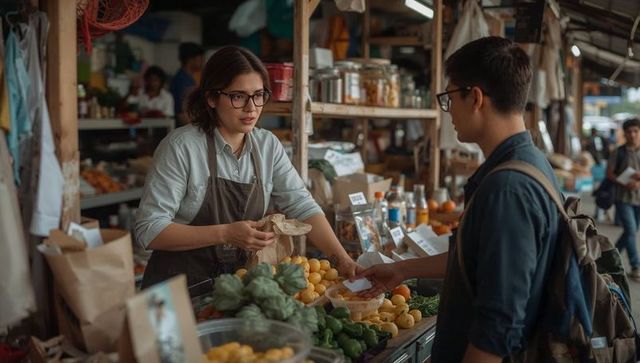 Market vendor handing paper bag to shopper at organic produce stall with lemons and peppers