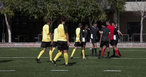 Soccer Team Displaying Camaraderie and Sportsmanship After Match
