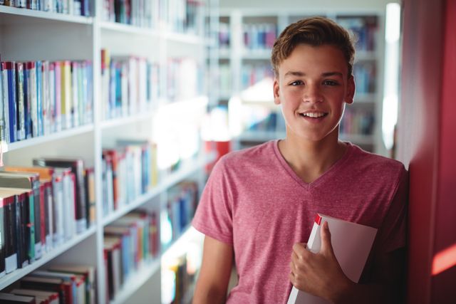 Portrait of happy schoolboy holding book in library - Download Free Stock Photos Pikwizard.com