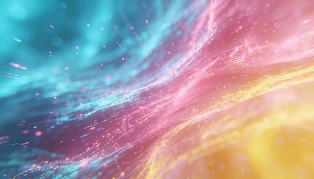 Vibrant digital data wave flowing with neon particles, glowing bokeh and futuristic light