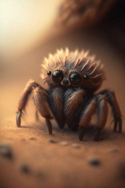 This image shows an adorable, furry spider with big eyes on a sandy surface in close-up detail. Perfect for use in educational articles about arachnids, children's stories, and nature-themed content.
