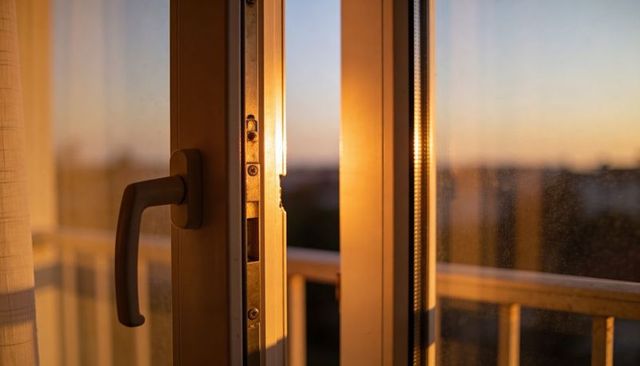 Balcony door catching warm golden hour light through glass panel with metal handle