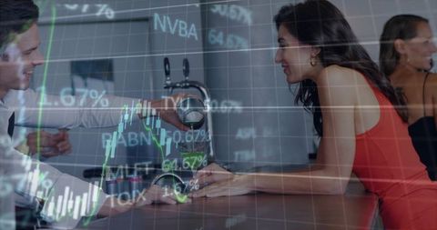 Leaning woman in red dress chatting with bartender and stock market chart overlay