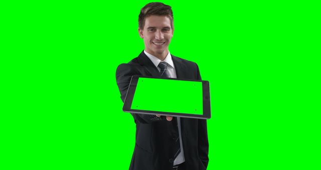 Businessman smiling while presenting digital tablet with green screen mockup. Perfect for use in advertising, corporate presentations, product demonstrations, and technology promotions.