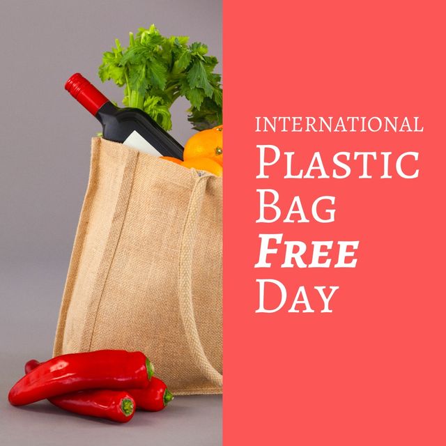Digital composite image of groceries with international plastic bag free day text, copy space. awareness and nature conservation concept, celebration, plastic bags free day.