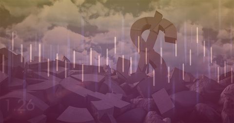abstract composition showing financial interface with a crumbling dollar sign and cloudy sky symbolizing economic uncertainty or changes in global markets. useful for illustrating financial trends, economic analysis, digital finance themes, business risk management.
