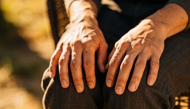 Resting older hands on knees showing veins, wrinkles and texture in warm outdoor light