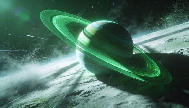 Neon-green ringed gas giant casting glow across cratered moon surface
