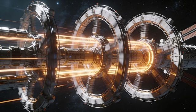 Rotating fusion core module emitting plasma beams through three glowing rings in space
