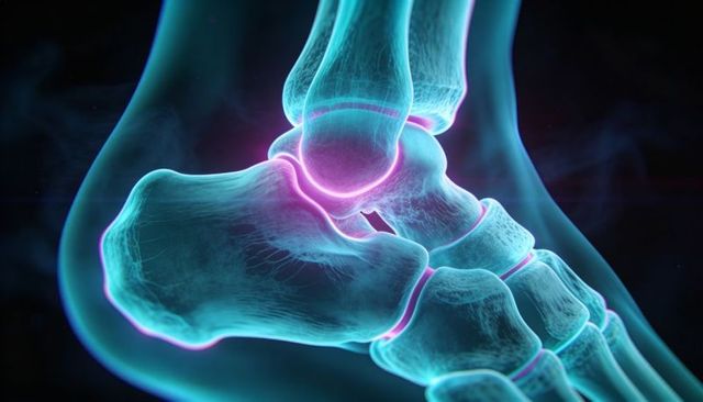 Right Ankle Joint 3D Medical Illustration Showing Glowing Cartilage and Bone Structure