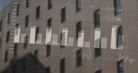 Transparent bar chart merging with modern building facade, urban data visualization