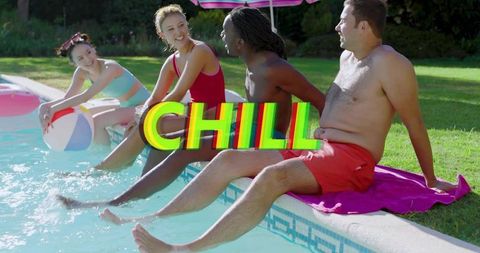 Group relaxing summer poolside dipping feet laughing holding beach ball with chill graphic