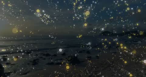 Silhouette Man Spinning Staff on Beach at Dusk Amidst Particles