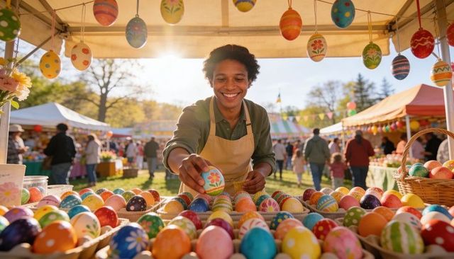 Smiling vendor selecting handpainted Easter eggs at outdoor spring craft market