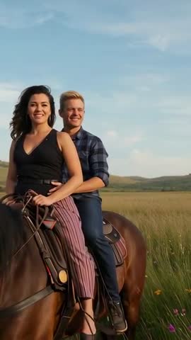 Couple Riding Tandem on Horse Through Wildflower Meadow Vertical Video