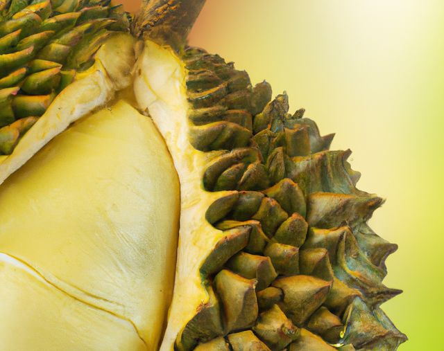 Close up of durian fruit on yellow background created using generative ai technology. Fruit and nature concept, digitally generated image.