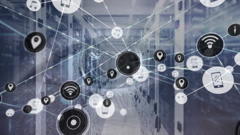 Digital Signal Icons Connected Across a Server Room