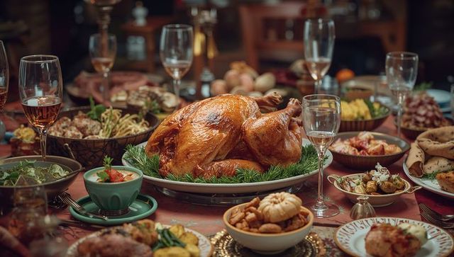 Festive feast with roasted turkey and elegant table settings